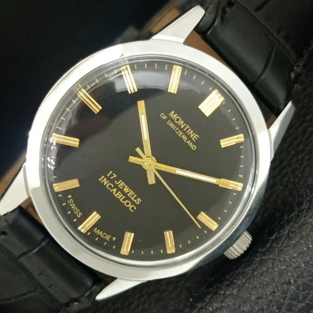 Vintage 1976 Montine Of Switzerland Manual Mens Silver Watch W/Leather Strap